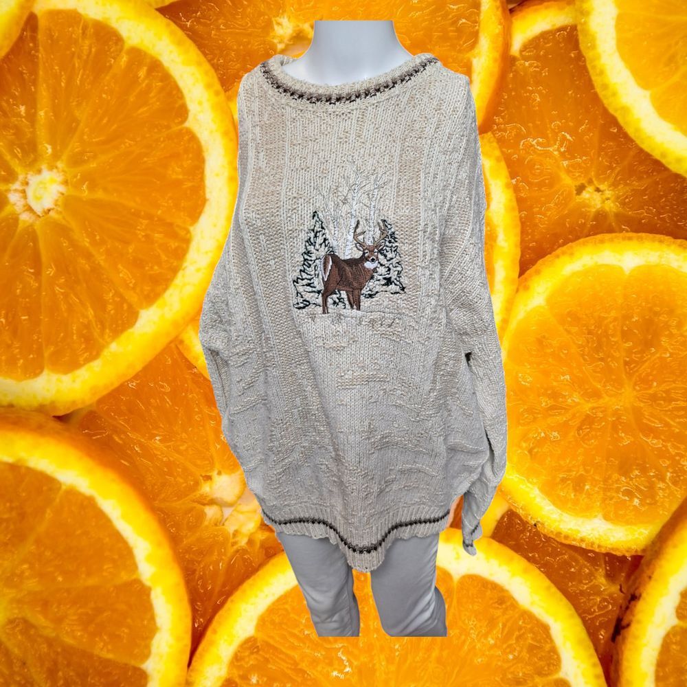 Shenandoah Deer Winter Scene Cable Knit Sweater‎ Outdoor Cabin Lodge Cozy L